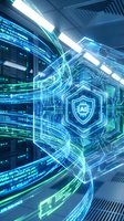 Glowing AI shield with circuit patterns in a futuristic server room, symbolizing artificial intelligence cybersecurity and data protection.