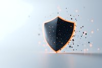 Glowing shield with orange neon edge effect floating against light background with scattered particles, representing digital security and protection concept.