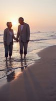 Senior couple holding hands walking on beach at sunset enjoying romantic vacation together in golden light reflecting on wet sand and ocean waves.