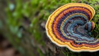 Colorful bracket fungus with rainbow rings growing on tree trunk in forest, natural mycology specimen with vibrant concentric patterns for educational content.