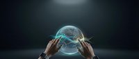 Hands holding glowing crystal ball with blue light on dark background, fortune telling and mystical divination concept for spirituality and future prediction designs.