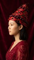 Young East Asian woman wearing an elaborate red beaded turban headpiece with decorative elements, paired with a matching sequined garment against a burgundy velvet backdrop. Suitable for fashion, editorial, beauty, and avant-garde design projects.