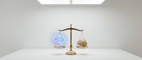 Modern office interior with golden scales of justice balancing brain and money symbols representing law business ethics and decision making.