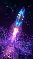 Neon glowing rocket launching from circuit board with constellation patterns in starry sky, representing innovation, technology advancement, and digital transformation for startups.