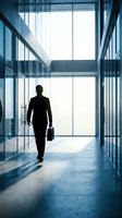 Business professional walking through modern office corridor with briefcase, silhouetted against bright windows in corporate building hallway.