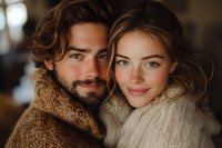 Romantic close-up portrait of young couple in cozy knit sweaters sharing tender moment. Warm autumn colors and intimate atmosphere create emotional connection.