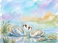 Pair of white swans forming heart shape on tranquil water with lily pads, reeds, and soft watercolor sky in pastel tones. Romantic nature scene suitable for wedding designs, greeting cards, and home decor.