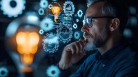 Mature Caucasian businessman with glasses in thoughtful pose surrounded by glowing digital gears and lightbulb icons, representing innovation and strategic thinking.