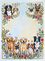 Watercolor dog breeds frame with floral border featuring golden retriever, beagle, pug, german shepherd, border collie and french bulldog on textured paper.
