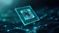 Glowing microchip with circuit patterns floating in dark digital space, representing advanced technology and computing power for AI applications.
