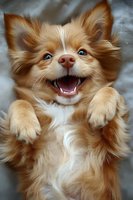 Adorable fluffy Chihuahua puppy with open mouth and raised paws showing excitement and joy on soft blanket background.