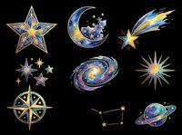 Celestial night sky elements including stars, moon, comet, galaxy, compass rose and planet isolated on transparent background. Ready for t-shirt design, clipart, stickers, sublimation and print-on-demand projects.