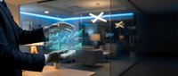 Businessman holding holographic digital brain with neural networks in modern office environment showcasing artificial intelligence and futuristic technology concepts.