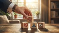 Professional businessman hand placing wooden cube with brain icon among business strategy blocks on office desk with warm sunlight and blurred background.
