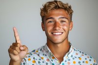 Young Caucasian man with blonde curly hair and bright smile pointing finger up against gray background, wearing colorful polka dot shirt. Positive facial expression.