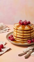 Stack of golden pancakes topped with fresh raspberries and maple syrup on ceramic plate with vintage cutlery against soft pink gradient background.