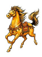 Golden horse with flowing mane and tail wearing ornate red and gold decorative saddle blanket, isolated on white background for design use.