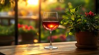Glass of rose wine on wooden table at sunset with potted plant and blurred garden background creating romantic summer evening atmosphere outdoors.