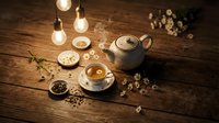 Cozy tea time setup with ceramic teapot and cup on rustic wooden table surrounded by warm hanging bulbs creating atmospheric lighting for relaxation moments.