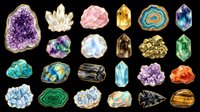 Colorful gemstones and crystals clipart set, isolated on transparent background. Includes amethyst, quartz, malachite, and more. Ready for stickers, t-shirt design, print on demand.