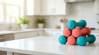 Young child's colorful stacking balls arranged in pyramid on white kitchen counter, educational toy for sensory play and motor skill development.