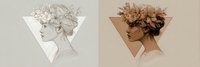 Elegant female profile silhouette with floral crown in geometric triangle frame, minimalist artistic design in neutral tones.