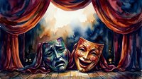 Theatrical masks of tragedy and comedy displayed on stage with dramatic red velvet curtains and atmospheric lighting, suitable for theater, performing arts, and entertainment industry marketing.