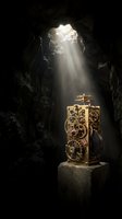 Steampunk clockwork mechanism displayed on stone pedestal inside dark cave with dramatic light rays streaming from opening above.