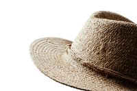 Closeup of natural straw fedora hat brim detail against white background, showing woven texture and neutral beige color, isolated for design use.