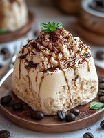 Coffee flavored ice cream dessert topped with chocolate sauce, cocoa powder and fresh mint leaves, served on wooden plate with coffee beans garnish.