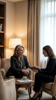 Two professional businesswomen having friendly meeting in modern office lounge with warm lighting and contemporary furniture for corporate consultation.