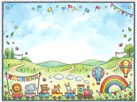 Whimsical children's landscape with toy train, hot air balloons, rainbow, and bunting flags on rolling hills with clouds and stars, isolated on white background for nursery decor, greeting cards, and children's book illustrations.