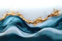 Abstract fluid art in turquoise and white with gold leaf accents creates luxurious marble effect waves, suitable for modern interior design and luxury branding backgrounds.