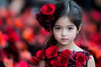 Young Asian girl with long dark hair wearing red roses in her hair and dress, against blurred red floral background, soft portrait lighting creates dreamy atmosphere.