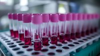 Row of blood samples in test tubes with pink caps arranged in laboratory rack, ready for medical analysis and diagnostic testing.
