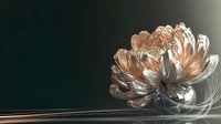 Elegant metallic chrysanthemum flower with flowing petals in copper and silver tones on dark gradient background for luxury design projects.