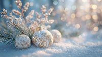 Elegant white and gold Christmas ornaments with pine branches on snow surface against soft bokeh background.