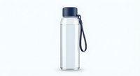 Clear glass water bottle with dark blue cap and carrying strap isolated on white background for healthy lifestyle and hydration concepts.