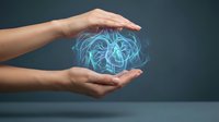Female hands protecting glowing blue digital brain with neural networks and circuits, representing AI technology, mental health care, and innovation.
