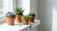Small succulent plants in terracotta pots arranged on white windowsill creating minimalist home decor display for indoor gardening and plant care concepts.