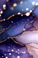Abstract navy blue and white marble texture with gold glitter lines and bokeh effect creates luxurious fluid art background for elegant design projects.