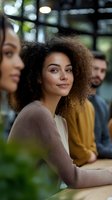 Young mixed-race woman with curly hair smiling in modern office environment with diverse colleagues during casual business meeting or coworking session.