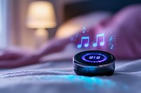Smart speaker with glowing blue musical notes floating above on cozy bed with soft purple blanket, creating ambient evening atmosphere with digital clock display.