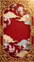 Traditional Chinese ornate frame with golden dragons, cherry blossoms and decorative clouds on red background for lunar new year celebrations and festive designs.
