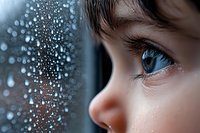 Close-up view of child's blue eye looking through rain-covered window, creating dreamy atmosphere with bokeh water drops and natural reflection.