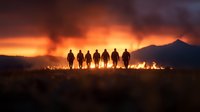 Silhouettes of firefighters walking against dramatic burning wildfire at sunset, smoke filled orange sky and mountain backdrop creates powerful emergency scene.