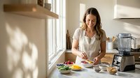 Young Caucasian woman preparing healthy breakfast in bright modern kitchen with fresh fruits and vegetables on wooden counter near window.
