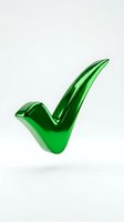 Green glossy checkmark symbol floating on white background for approval, success, and positive confirmation concepts in business presentations.