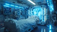 Futuristic medical pod chamber with patient on bed surrounded by glowing blue holographic displays, advanced monitoring equipment, and neon lighting for sci-fi healthcare technology concepts.