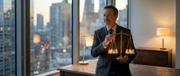 Professional businessman holding scales of justice in modern office with city skyline view during golden hour for legal consulting and corporate law services.